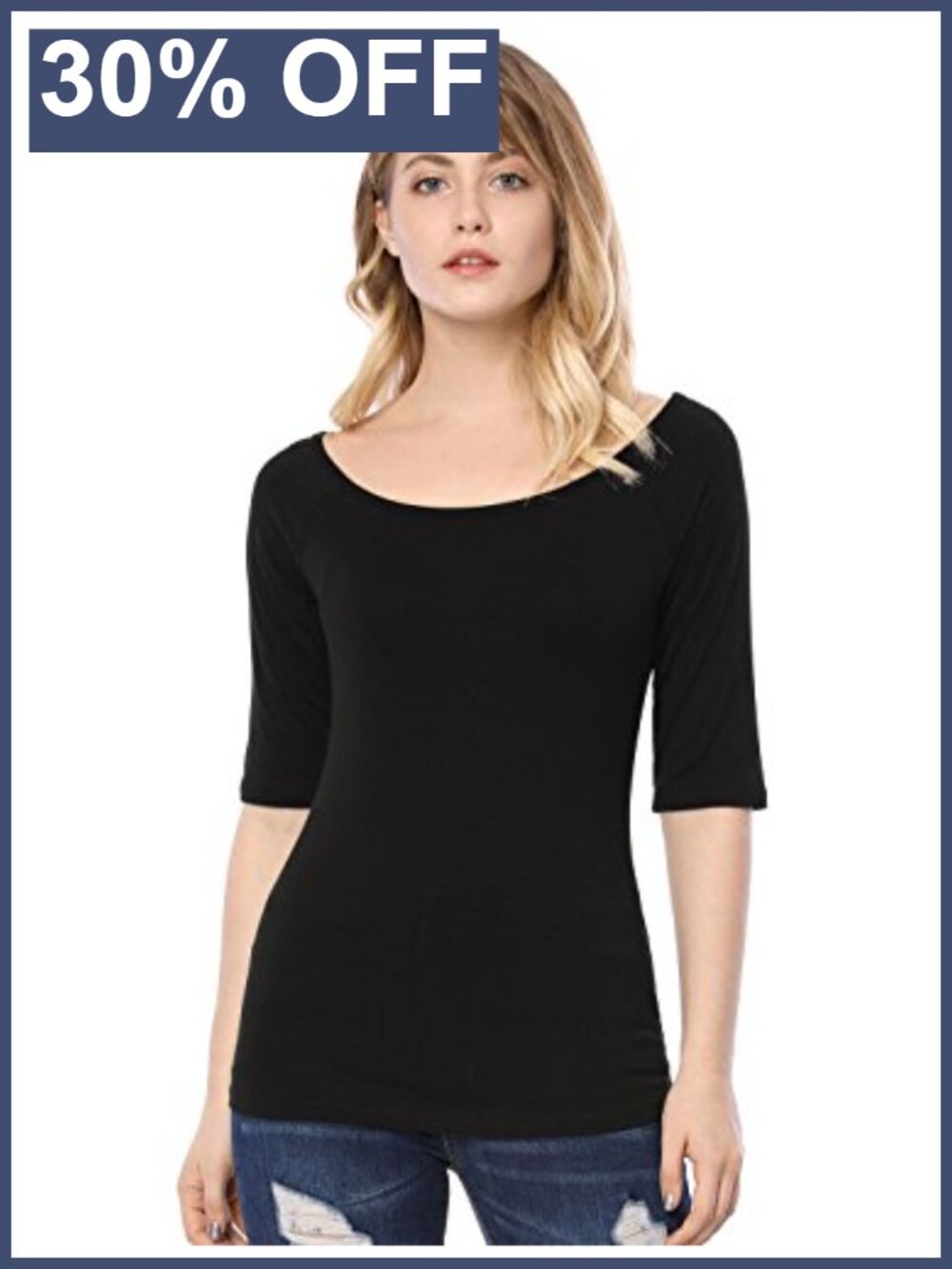 Womens Soft Stretchable Boat Neck Elbow Sleeve Slim Fit T-Shirt
